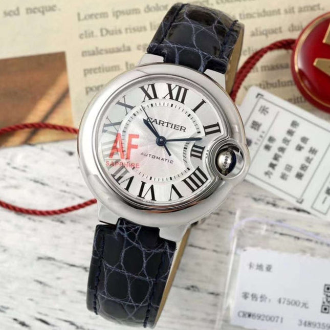BALLON BLEU DE CARTIER 33 MM WATCH SILVER CASE WITH BLACK LEATHER STRAP