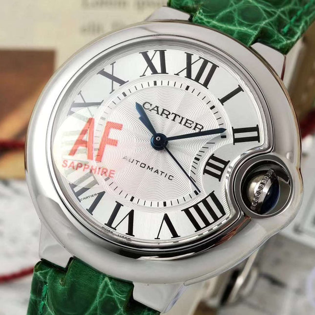 BALLON BLEU DE CARTIER 33 MM WATCH SILVER CASE WITH EMERALD GREEN LEATHER STRAP