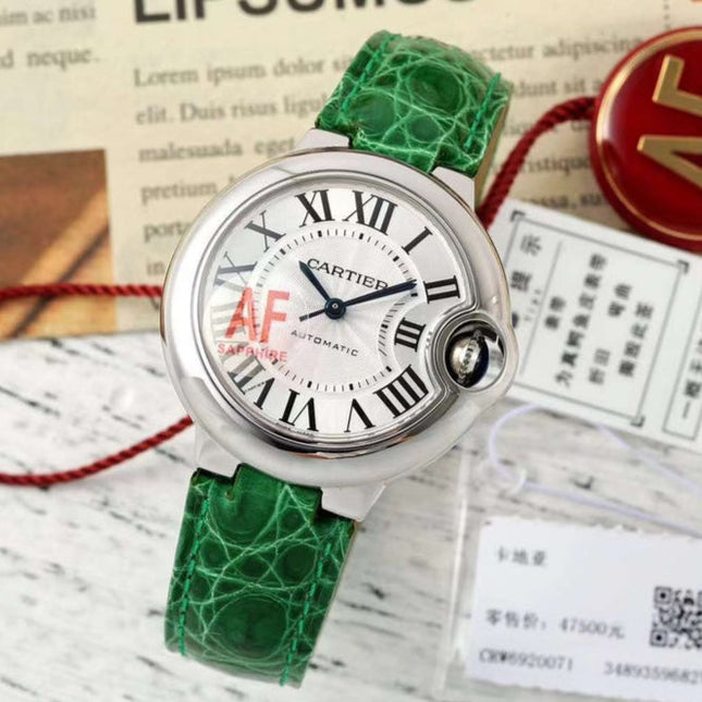 BALLON BLEU DE CARTIER 33 MM WATCH SILVER CASE WITH EMERALD GREEN LEATHER STRAP