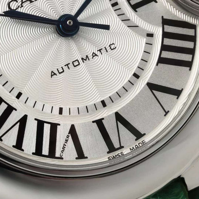 BALLON BLEU DE CARTIER 33 MM WATCH SILVER CASE WITH EMERALD GREEN LEATHER STRAP