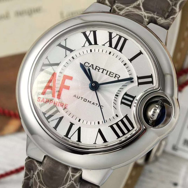 BALLON BLEU DE CARTIER 33 MM WATCH SILVER CASE WITH WENGE BROWN LEATHER STRAP