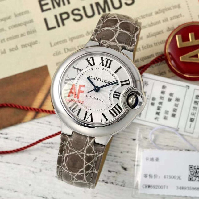BALLON BLEU DE CARTIER 33 MM WATCH SILVER CASE WITH WENGE BROWN LEATHER STRAP