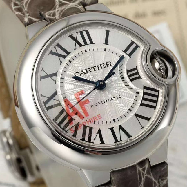 BALLON BLEU DE CARTIER 33 MM WATCH SILVER CASE WITH WENGE BROWN LEATHER STRAP