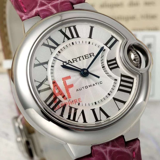 BALLON BLEU DE CARTIER 33 MM WATCH SILVER CASE WITH BRIGHT PINK LEATHER STRAP