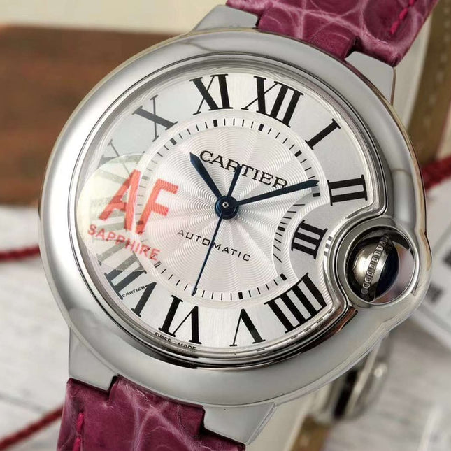 BALLON BLEU DE CARTIER 33 MM WATCH SILVER CASE WITH BRIGHT PINK LEATHER STRAP