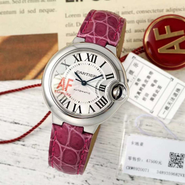 BALLON BLEU DE CARTIER 33 MM WATCH SILVER CASE WITH BRIGHT PINK LEATHER STRAP