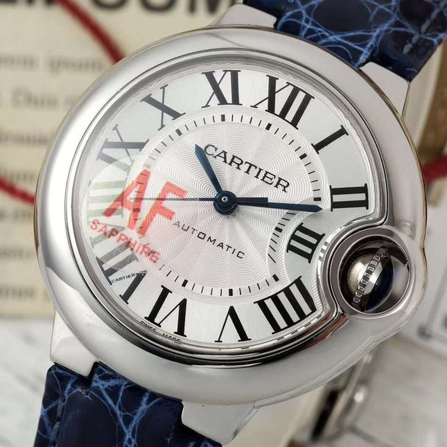 BALLON BLEU DE CARTIER 33 MM WATCH SILVER CASE WITH COBALT BLUE LEATHER STRAP