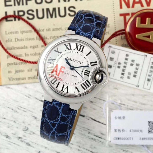 BALLON BLEU DE CARTIER 33 MM WATCH SILVER CASE WITH COBALT BLUE LEATHER STRAP