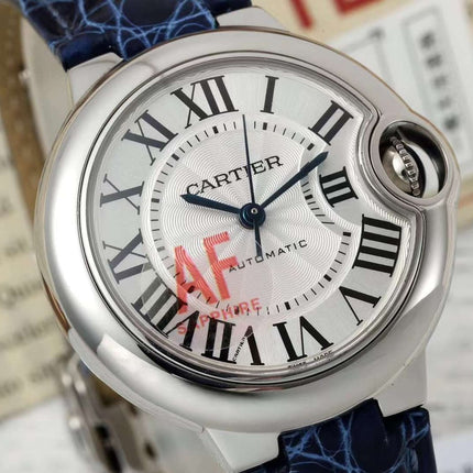 BALLON BLEU DE CARTIER 33 MM WATCH SILVER CASE WITH COBALT BLUE LEATHER STRAP