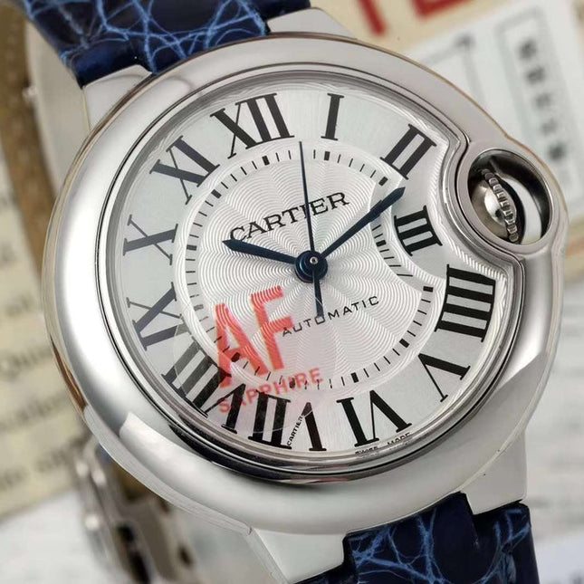 BALLON BLEU DE CARTIER 33 MM WATCH SILVER CASE WITH COBALT BLUE LEATHER STRAP