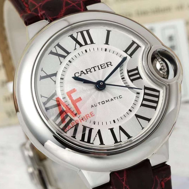 BALLON BLEU DE CARTIER 33 MM WATCH SILVER CASE WITH WINE RED LEATHER STRAP