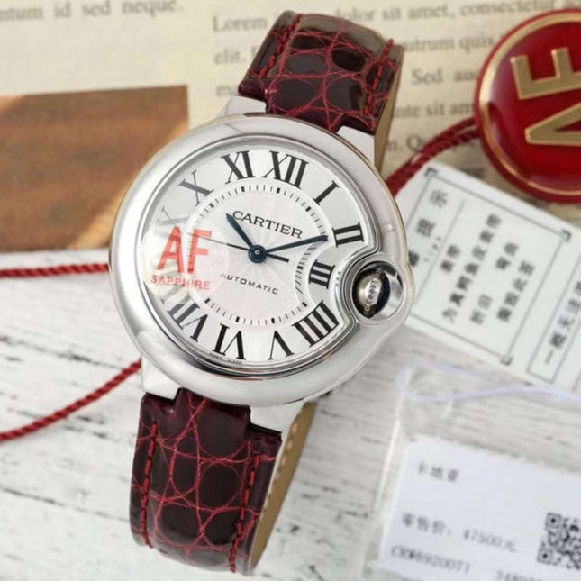 BALLON BLEU DE CARTIER 33 MM WATCH SILVER CASE WITH WINE RED LEATHER STRAP