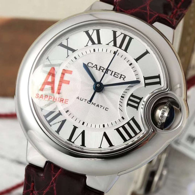 BALLON BLEU DE CARTIER 33 MM WATCH SILVER CASE WITH WINE RED LEATHER STRAP