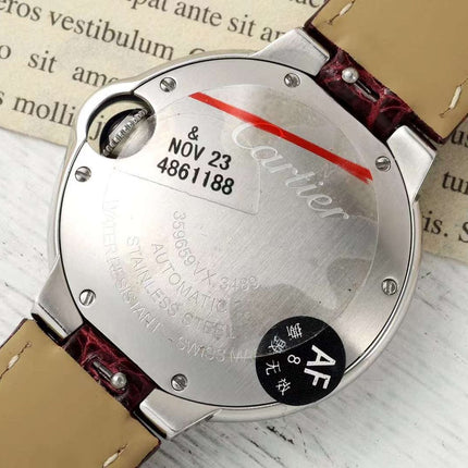 BALLON BLEU DE CARTIER 33 MM WATCH SILVER CASE WITH WINE RED LEATHER STRAP