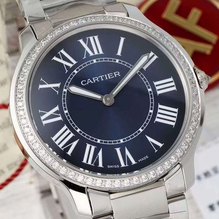 RONDE MUST DE CARTIER WATCH SILVER CASE AND NAVY BLUE DIAL WITH CRYSTALS