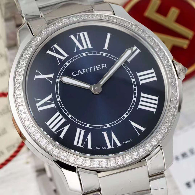 RONDE MUST DE CARTIER WATCH SILVER CASE AND NAVY BLUE DIAL WITH CRYSTALS