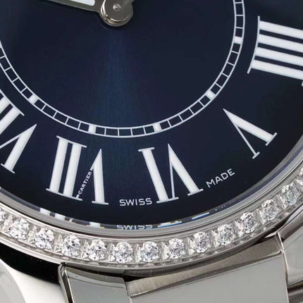 RONDE MUST DE CARTIER WATCH SILVER CASE AND NAVY BLUE DIAL WITH CRYSTALS