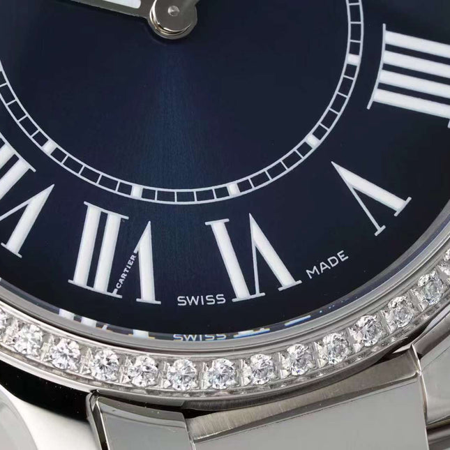 RONDE MUST DE CARTIER WATCH SILVER CASE AND NAVY BLUE DIAL WITH CRYSTALS