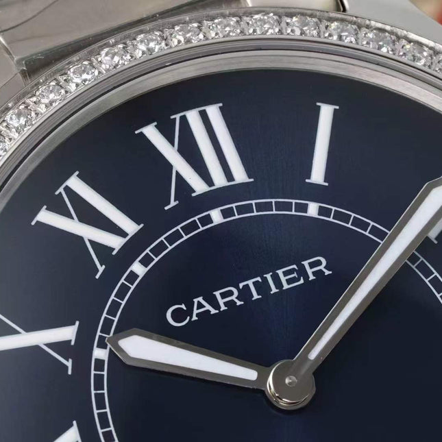 RONDE MUST DE CARTIER WATCH SILVER CASE AND NAVY BLUE DIAL WITH CRYSTALS