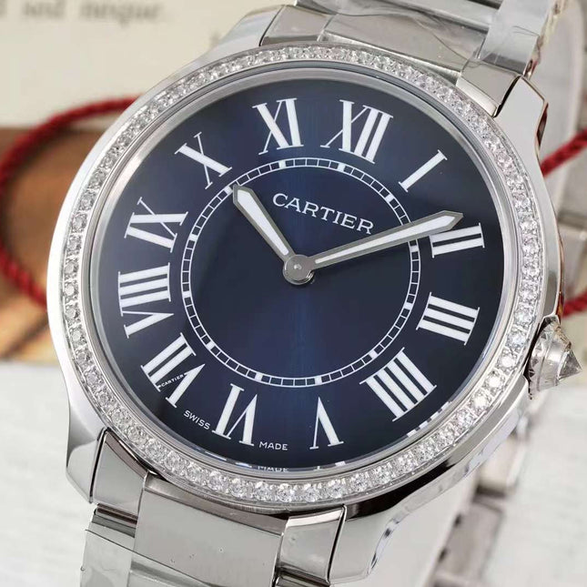 RONDE MUST DE CARTIER WATCH SILVER CASE AND NAVY BLUE DIAL WITH CRYSTALS