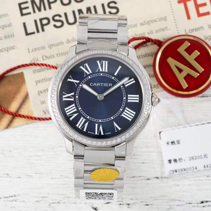 RONDE MUST DE CARTIER WATCH SILVER CASE AND NAVY BLUE DIAL WITH CRYSTALS