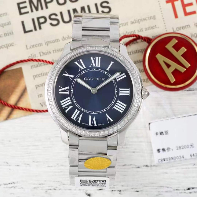 RONDE MUST DE CARTIER WATCH SILVER CASE AND NAVY BLUE DIAL WITH CRYSTALS