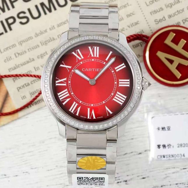 RONDE MUST DE CARTIER WATCH SILVER CASE AND CHERRY RED DIAL WITH CRYSTALS