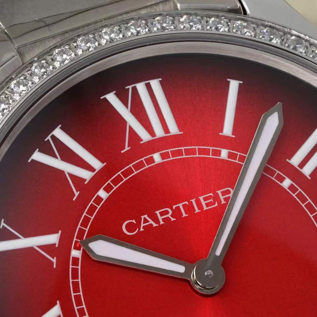 RONDE MUST DE CARTIER WATCH SILVER CASE AND CHERRY RED DIAL WITH CRYSTALS