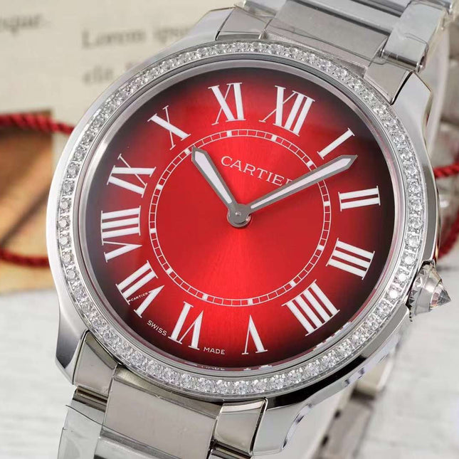 RONDE MUST DE CARTIER WATCH SILVER CASE AND CHERRY RED DIAL WITH CRYSTALS