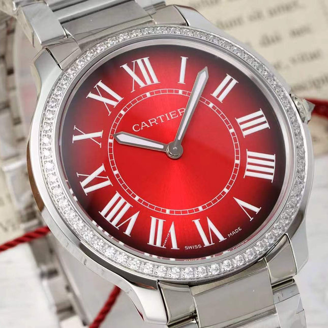 RONDE MUST DE CARTIER WATCH SILVER CASE AND CHERRY RED DIAL WITH CRYSTALS