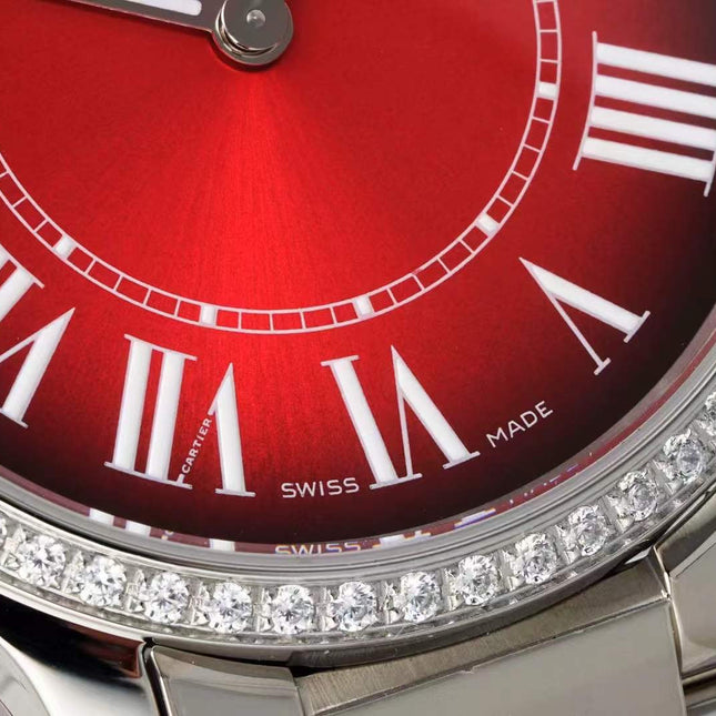 RONDE MUST DE CARTIER WATCH SILVER CASE AND CHERRY RED DIAL WITH CRYSTALS