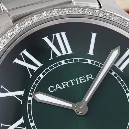 RONDE MUST DE CARTIER WATCH SILVER CASE AND GREEN DIAL WITH CRYSTALS