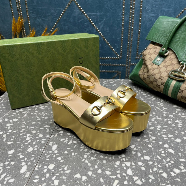 GG HORSEBIT PLATFORM SANDAL METALLIC GOLD CALFSKIN