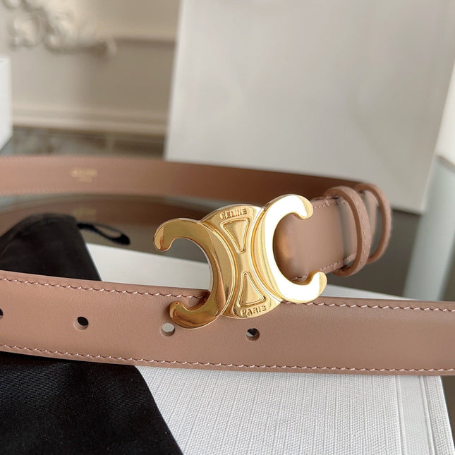 TRIOMPHE BELT 24MM IN BEAVER BROWN CALFSKIN WITH GOLD BUCKLE