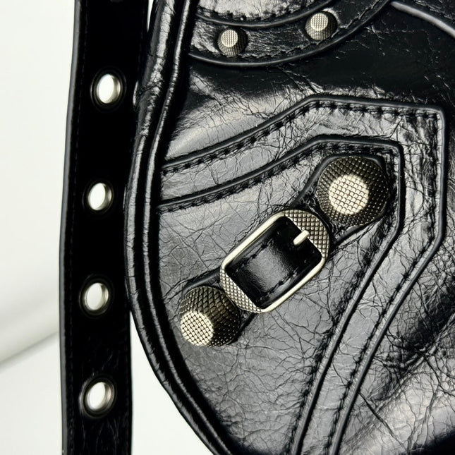 LE CAGOLE LARGE SHOULDER BAG 33 WITH RHINESTONES IN BLACK ARENA LAMBSKIN SILVER HARDWARE