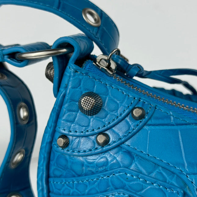 LE CAGOLE SMALL SHOULDER BAG 26 WITH RHINESTONES IN DODPER BLUE CROCODILE EMBOSSED CALFSKIN