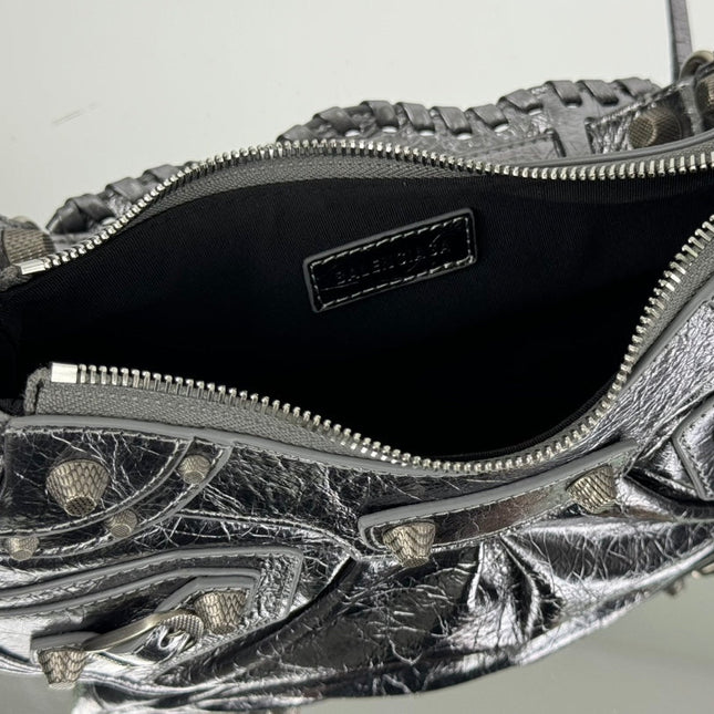 LE CAGOLE SMALL SHOULDER BAG 26 WITH RHINESTONES IN SILVER METALLIC ARENA LAMBSKIN