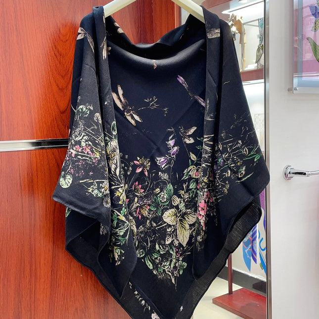 SCARF 140 CM IN BLACK MONOGRAM SILK AND CASHMERE 378469