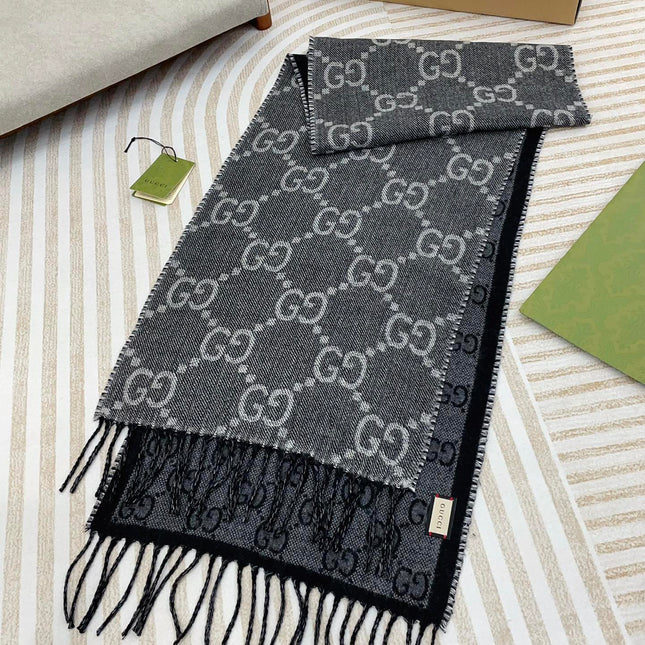 GG JACQUARD WOOL SCARF BLACK 398285