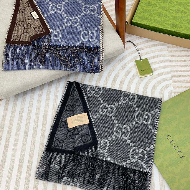 GG JACQUARD WOOL SCARF DENIM BLUE MIX COFFEE BROWN 398286