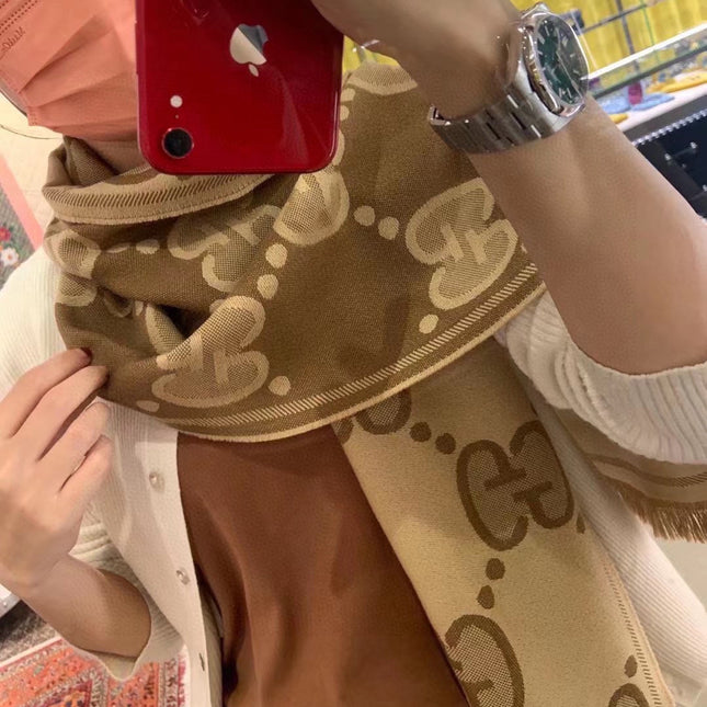 DOUBLE-SIDED SCARF 200 CM IN COFFEE AND TAN BROWN WOOL AND SILK  398287