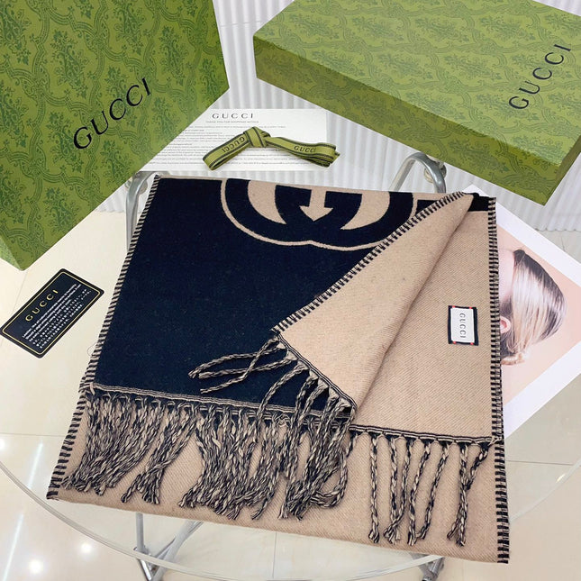 CAMEL BEIGE AND BLACK WOOL WITH INTERLOCKING G SCARF 200 CM