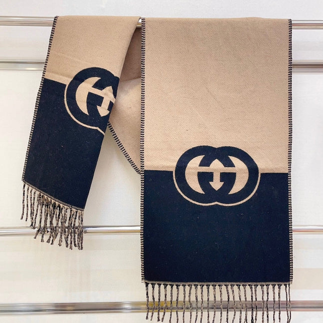 CAMEL BEIGE AND BLACK WOOL WITH INTERLOCKING G SCARF 200 CM