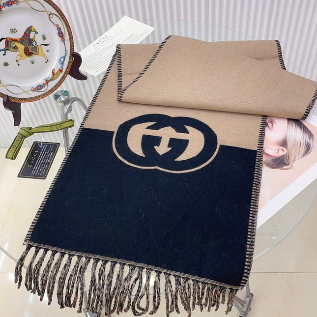 CAMEL BEIGE AND BLACK WOOL WITH INTERLOCKING G SCARF 200 CM