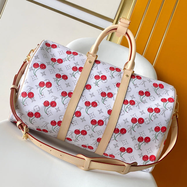 KEEPALL BANDOULIÈRE 45 IN WHITE AND RED CALFSKIN