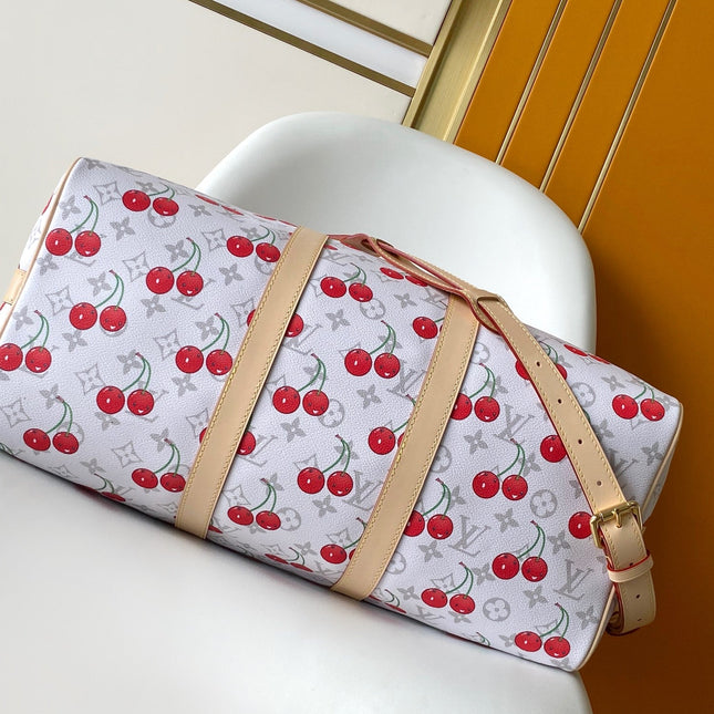 KEEPALL BANDOULIÈRE 45 IN WHITE AND RED CALFSKIN