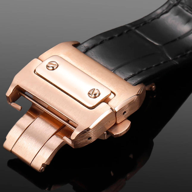 CARTIER SANTOS CHRONOGRAPH WATCH ROSE GOLD CASE WITH BLACK LEATHER STRAP