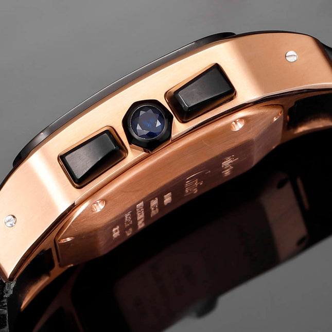 CARTIER SANTOS CHRONOGRAPH WATCH ROSE GOLD CASE WITH BLACK LEATHER STRAP
