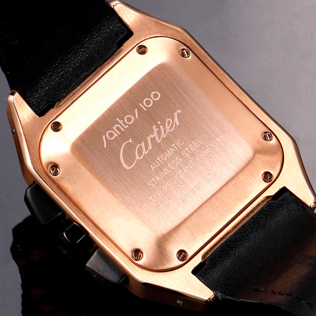 CARTIER SANTOS CHRONOGRAPH WATCH ROSE GOLD CASE WITH BLACK LEATHER STRAP