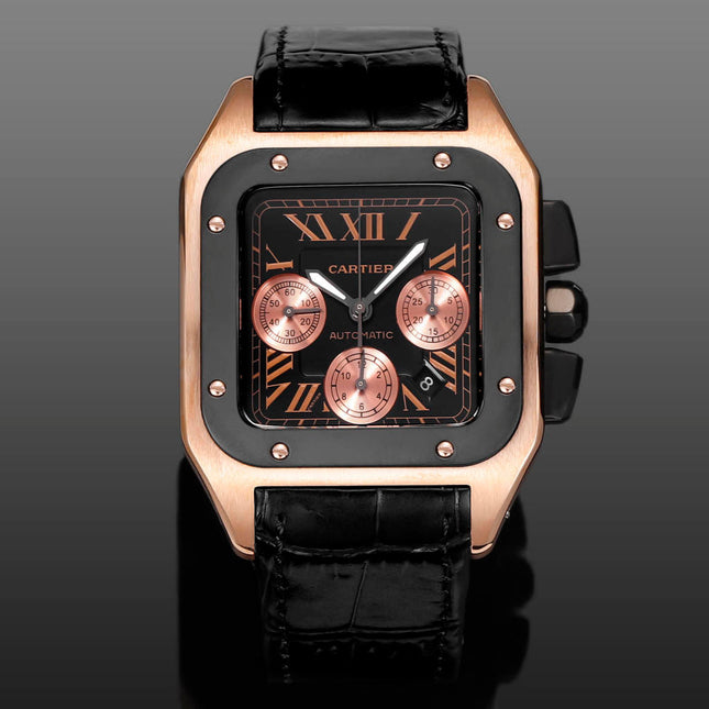 CARTIER SANTOS CHRONOGRAPH WATCH ROSE GOLD CASE WITH BLACK LEATHER STRAP